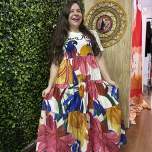 Vestido Farm Cropped Luiza Rosa Arara Azul Branco (Novo)
