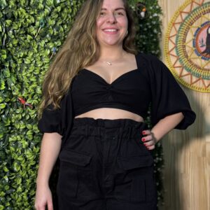 Cropped Farm Manga Bufante Preto (Desapego)