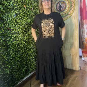 Vestido Longo Bolsinho Gabis e Mamis Preto Onça T-shirt (Novo)