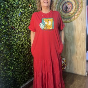 Vestido Longo Bolsinho Gabis e Mamis Vermelho Onça T-shirt (Novo)
