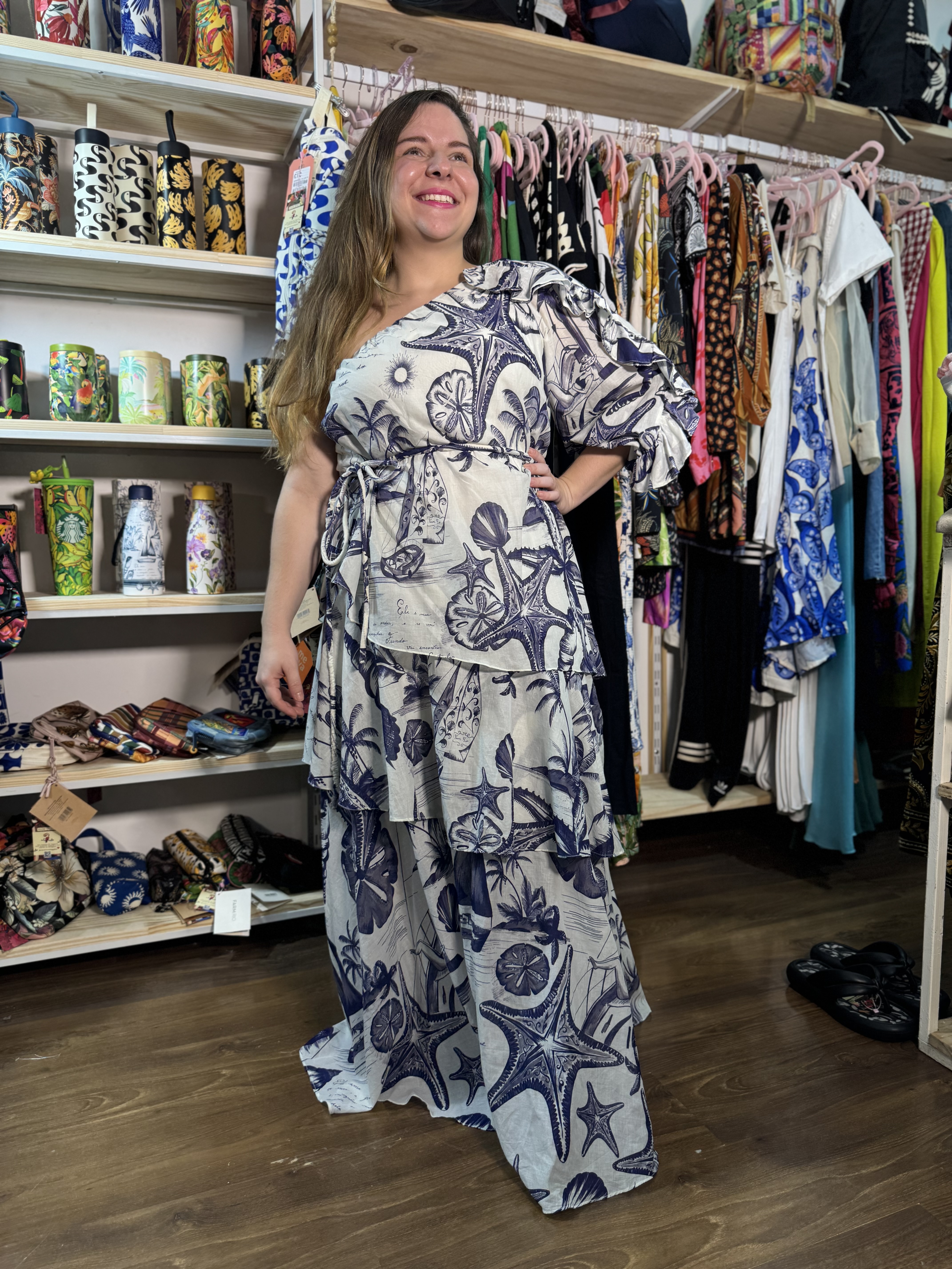 Vestido Farm Babados Estampado Mar De Ondas Azul Branco (Novo)