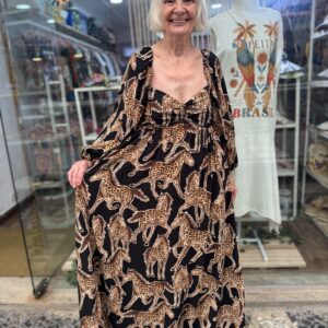 Vestido Farm Longo Cavalo Onça Preto Marrom Manga Bufante (Novo)