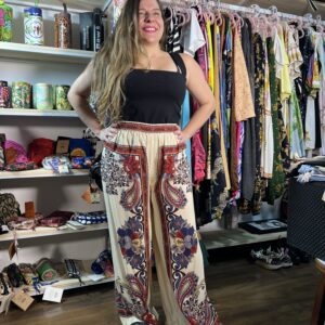 Calça Farm Pantalona Lenço Borboleta Retrô Bege Vinho (Novo)