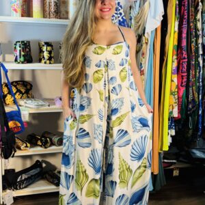 Macacão Farm Longo Pantalona Conchas Litoral Azul Verde Estampado (Novo)