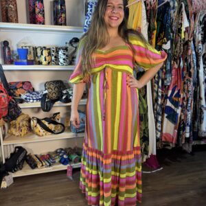 Vestido Farm Longo Lista Alegria Colorido Neon Desejo Rosa Amarelo Laranja (Desapego)