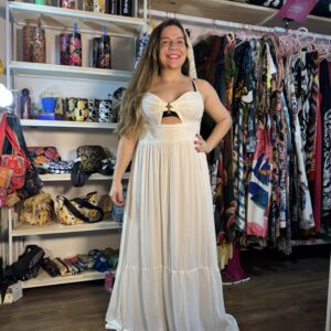 Vestido Farm Longo Branco Peixe Alcinha (Desapego)