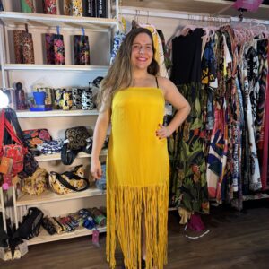 Vestido Farm Longo Franjas Cetim Amarelo (Desapego)