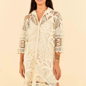 Vestido Farm Camisa Midi Guipure Off White Branco Com Forro (Novo)