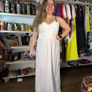 Vestido Farm Longo Flor Pregas Alcinha Off White Branco TAM GG (Novo)