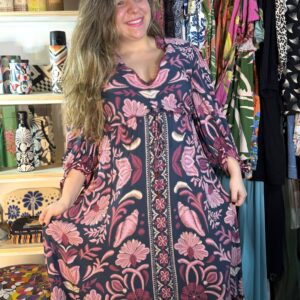 Vestido Farm Longo Roxo Rosa Maresia Mangas Flores TAM GG (Desapego)