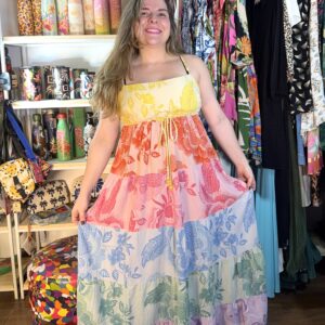 Vestido Farm Longo Cor de Flor Amarelo Rosa Alcinha Verde Colorido TAM GG (Desapego)