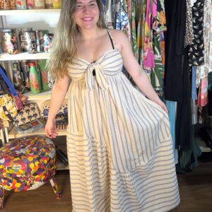 Vestido Farm Longo Branco Off Azul Listras Alcinha TAM GG (Novo)