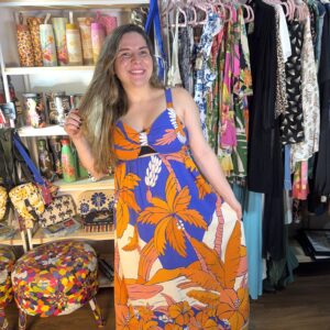 Vestido Farm Longo Praia Tropical Azul Laranja TAM G (Desapego)
