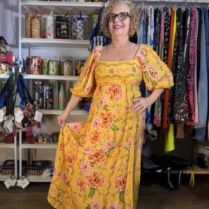 Vestido Peahi Longo Floral Amarelo Mostarda Manga Bufante TAM PP (Novo)