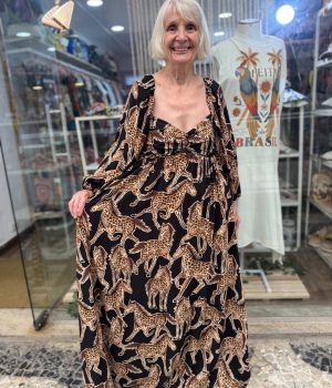 Vestido Farm Longo Cavalo Onça Preto Marrom Manga Bufante (Novo)