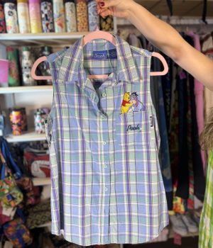 Blusa Camisa Regata Xadrez Quadriculado Ursinho Pooh Azul TAM P (Desapego)