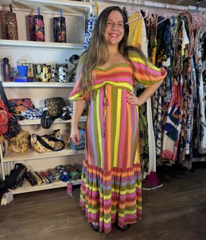 Vestido Farm Longo Lista Alegria Colorido Neon Desejo Rosa Amarelo Laranja (Desapego)