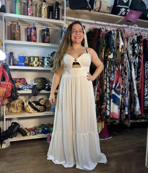 Vestido Farm Longo Branco Peixe Alcinha (Desapego)