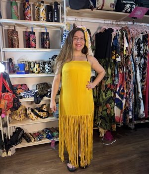 Vestido Farm Longo Franjas Cetim Amarelo (Desapego)