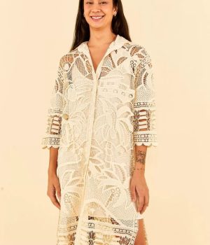 Vestido Farm Camisa Midi Guipure Off White Branco Com Forro (Novo)