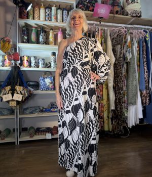 Vestido Farm Longo Concha do Mar Preto Branco Ombro Manga Bufante TAM P (Novo)