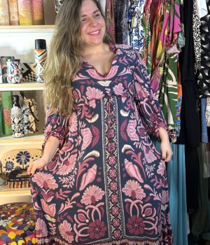 Vestido Farm Longo Roxo Rosa Maresia Mangas Flores TAM GG (Desapego)