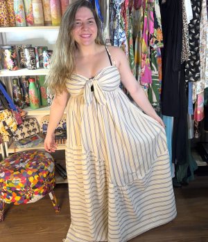 Vestido Farm Longo Branco Off Azul Listras Alcinha TAM GG (Novo)