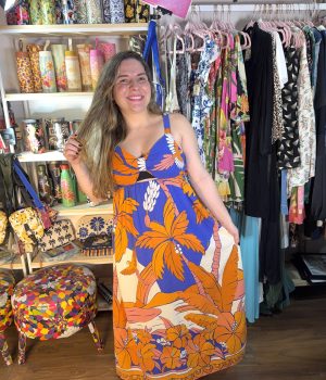 Vestido Farm Longo Praia Tropical Azul Laranja TAM G (Desapego)