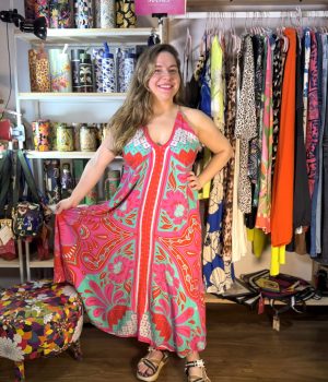 Vestido Farm Longo Lenço Desejão Verde Rosa TAM G (Desapego)