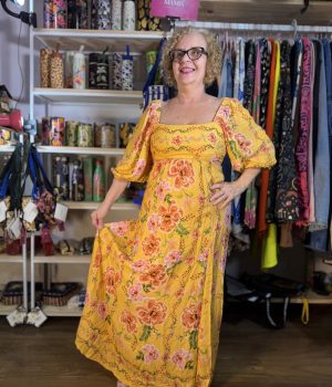 Vestido Peahi Longo Floral Amarelo Mostarda Manga Bufante TAM PP (Novo)