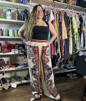 Calça Farm Pantalona Lenço Borboleta Retrô Bege Vinho (Novo)