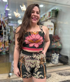 Conjunto Farm Verde Rosa Ravenala Cropped Short E Colete (novo)
