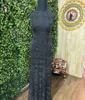 Vestido De Festa Longo Brilhante Preto Prata Lurex (desapego)